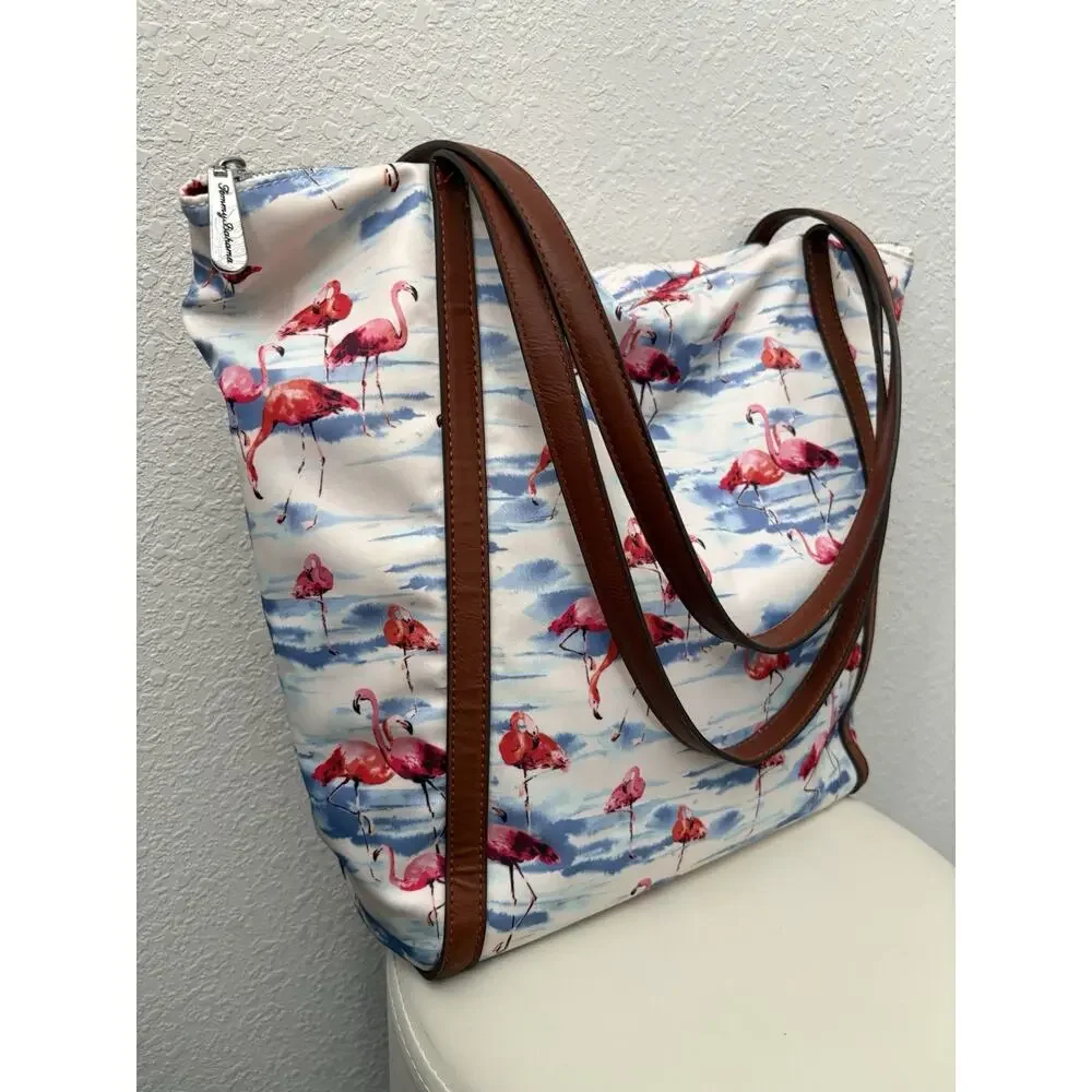 Tommy Bahama Flamingo Tote Bag Brown Faux Leather Straps Zip Top Beach Travel